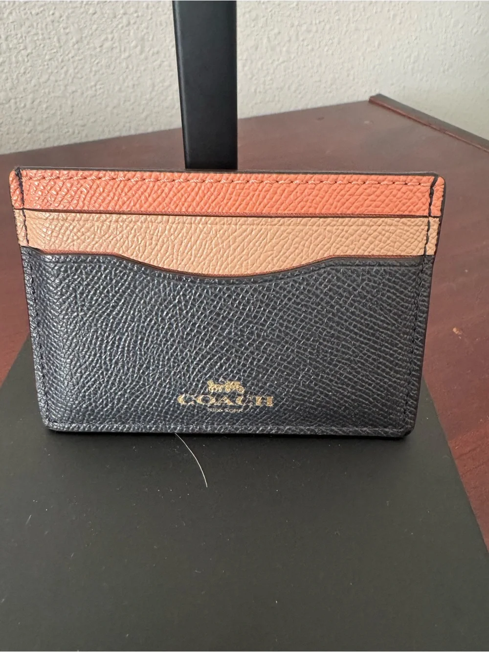 Coach Black, Tan and Coral Pebbled Leather Card Holder